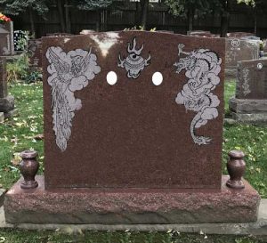 Mahogany Granite Companion Headstone with Vases